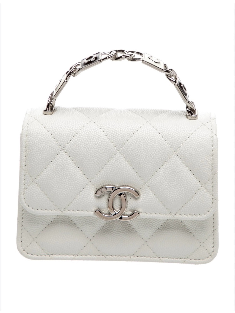 CC White Quilted Mini Top-Handle Bag with Silver Hardware
